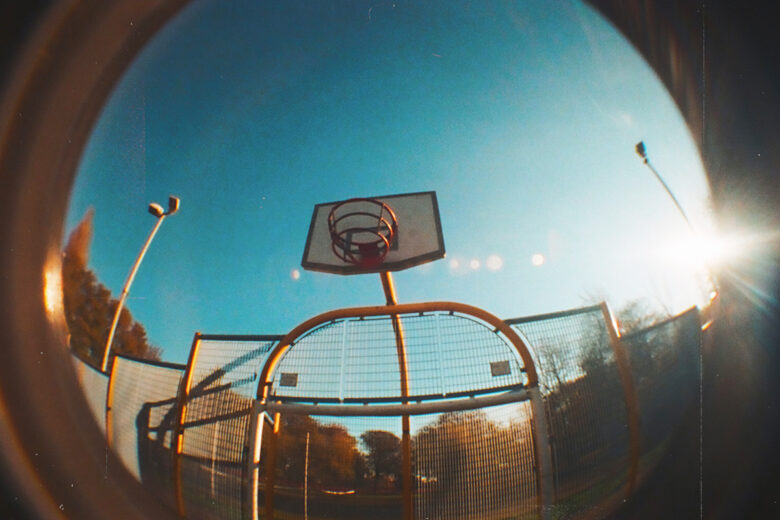 retro fisheye photo of a basketball hoop