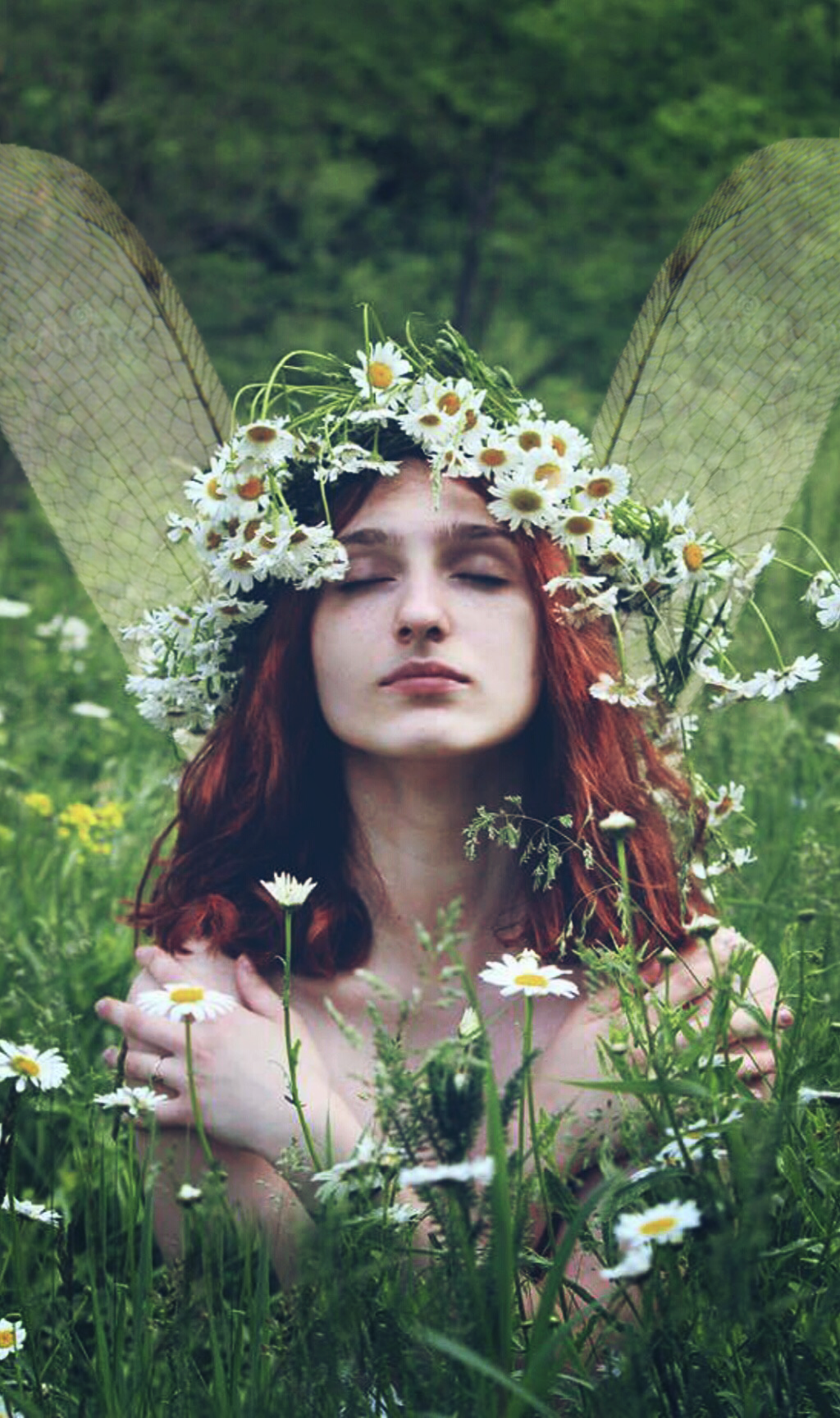 Girl With Flowers in Her Hair in a Field of Grass