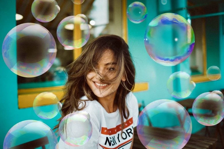 Bubble stickers on the photo of a girl