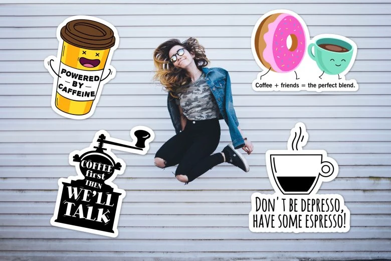 Jumping girl with coffee stickers