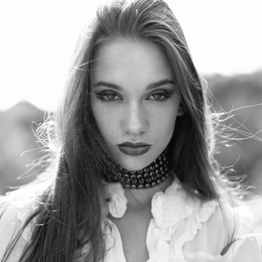 Black and white selfie of young girl edited in PicsArt