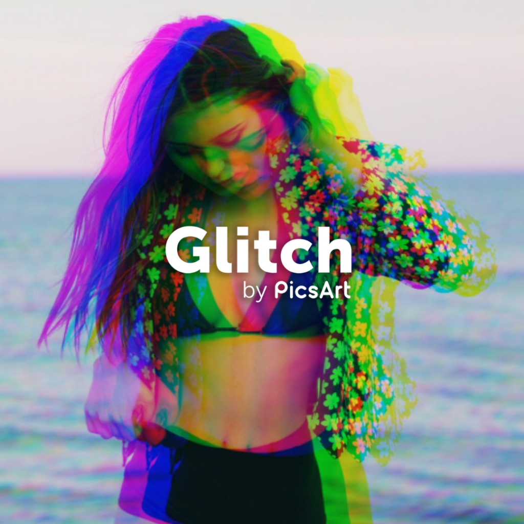 PicsArt glitch effect filter applied on photo of girl at the beach
