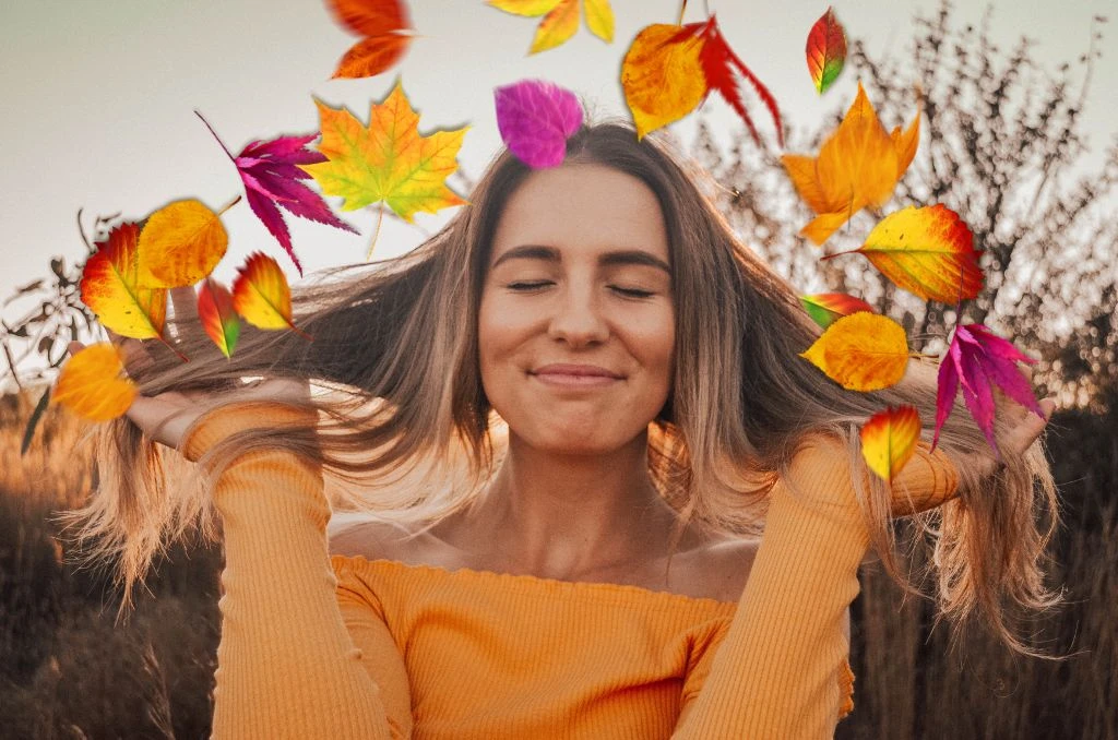 Fall leaves photo edit of woman in orange shirt