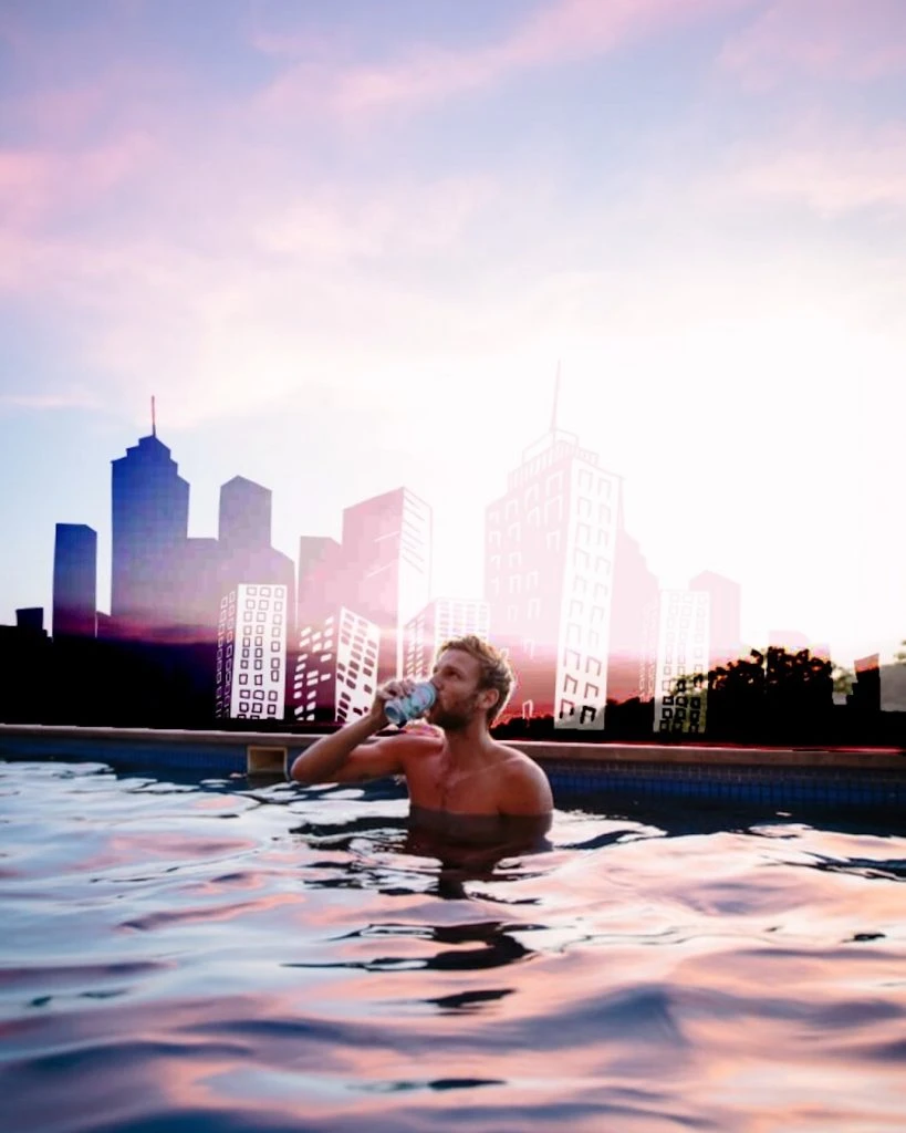 Cityscape edit on the photo of a man drinking