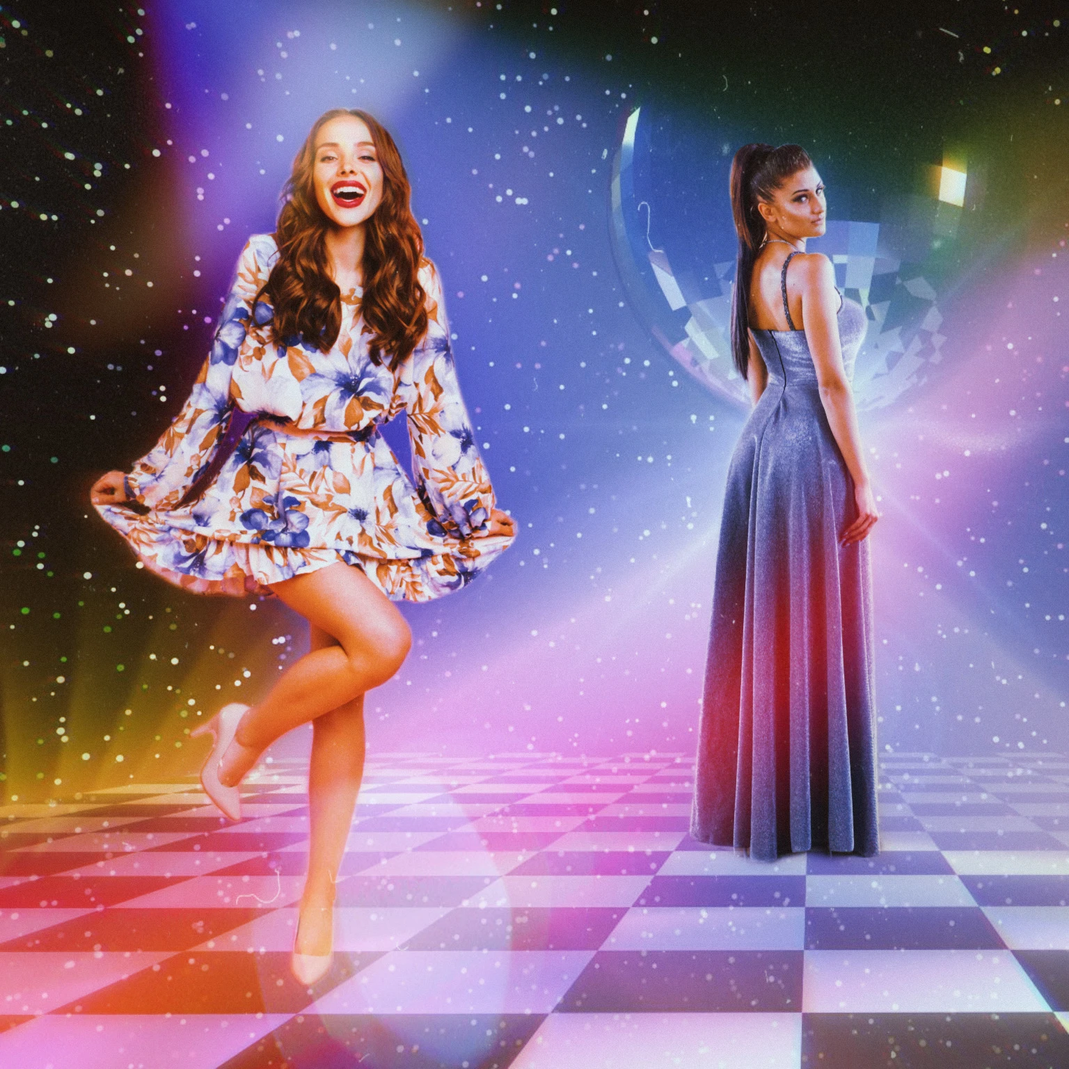 2 girls in prom party dresses pictured