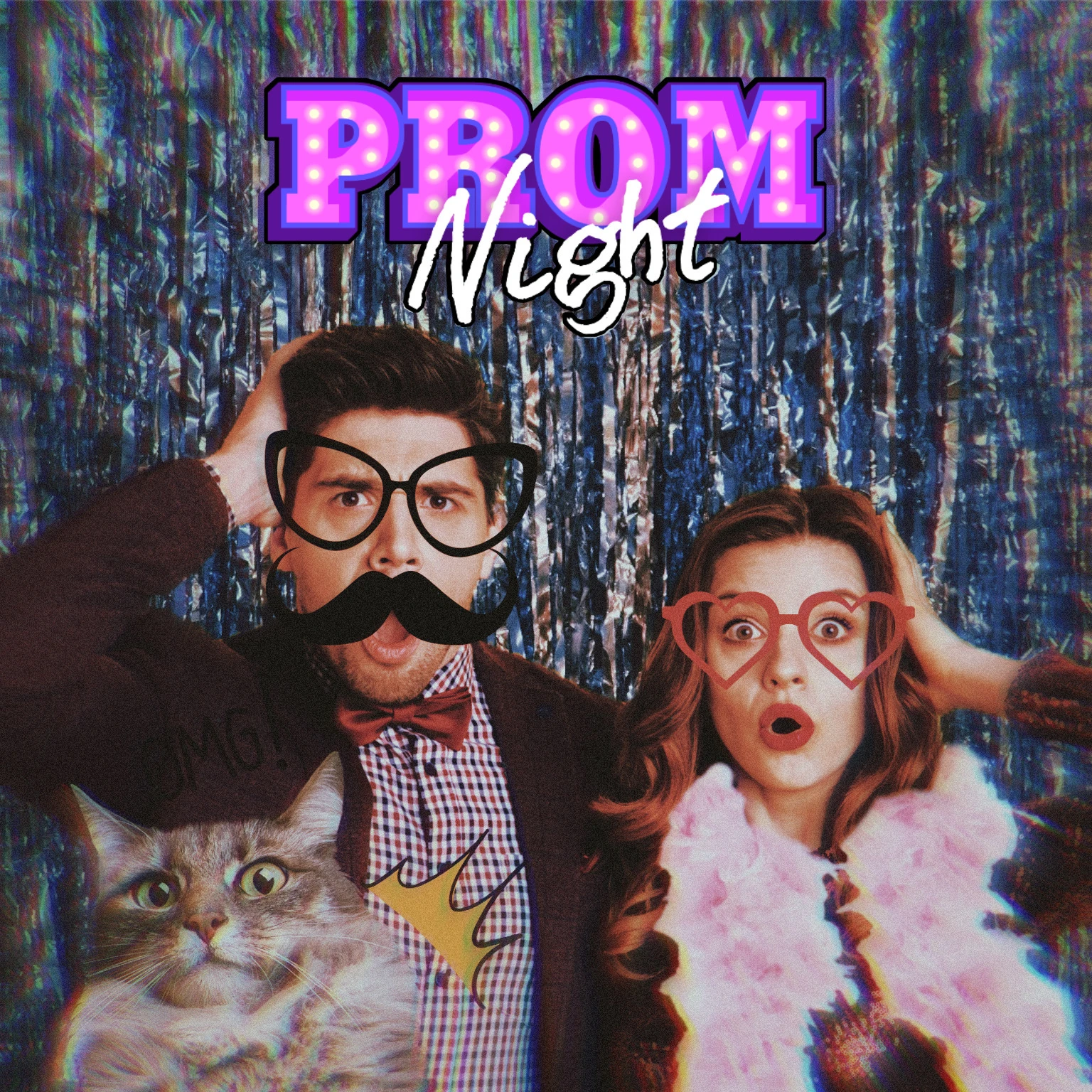 astonished boy and girl with funny stickers on the party background