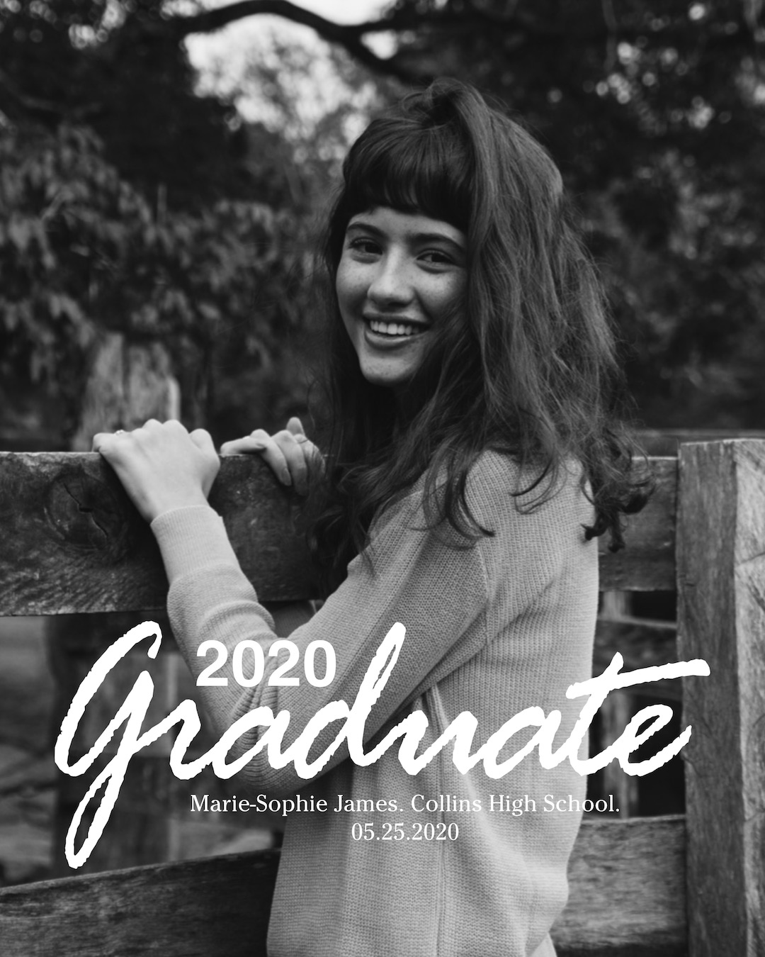 "2020 graduate" text on black and white girl image card