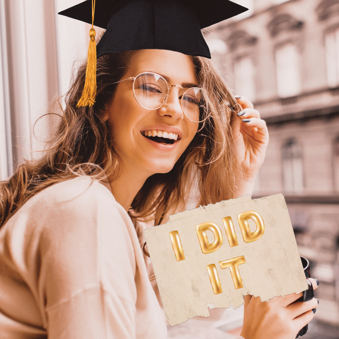 smiling blonde girl with graduation & "I did it" sticker