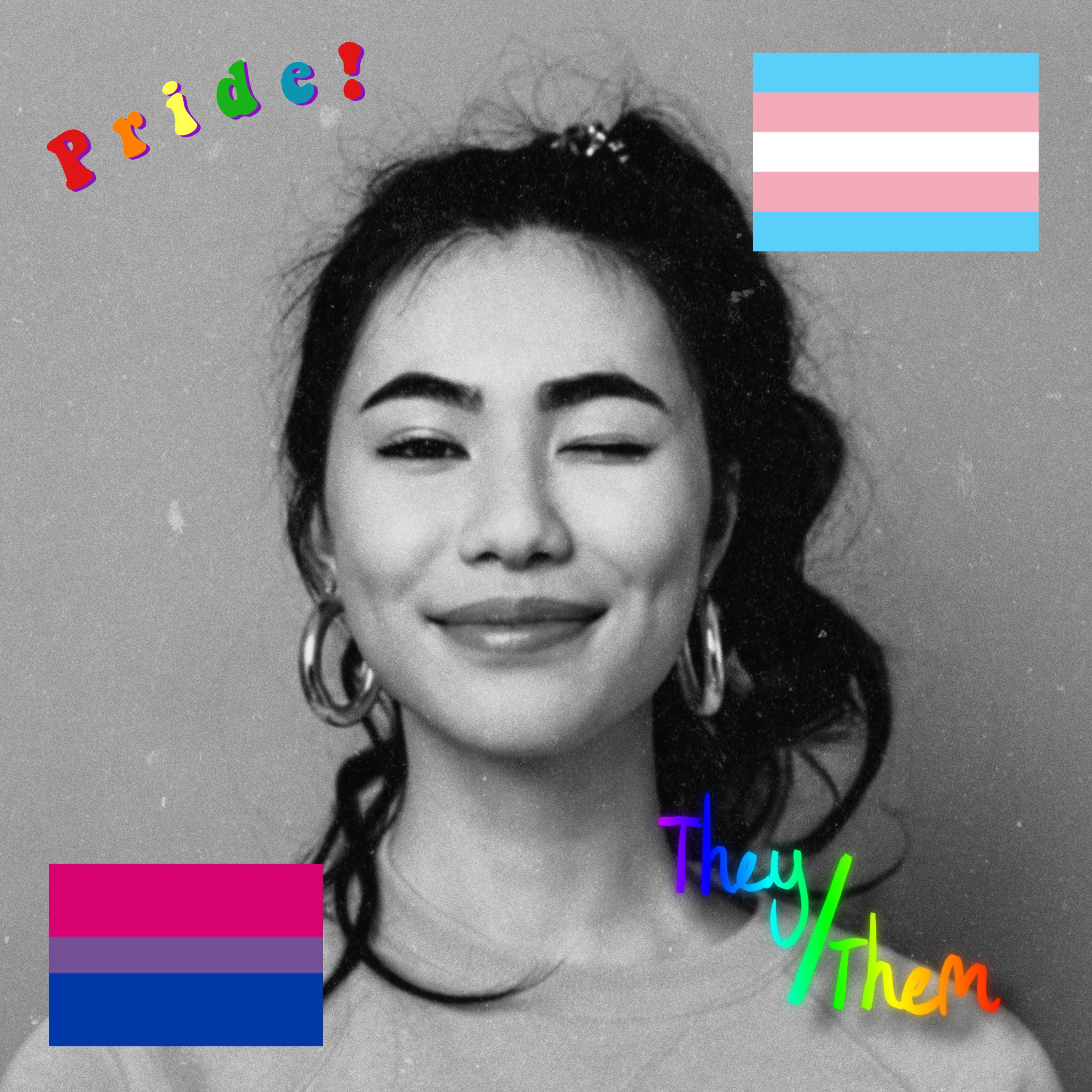 blinking girl photo with colorful pride stickers
