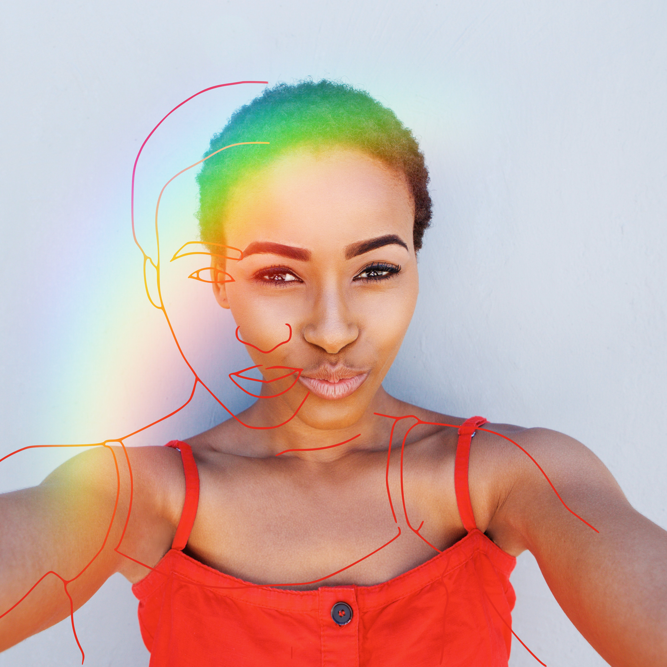 black hair girl selfie with sketch and prism effect