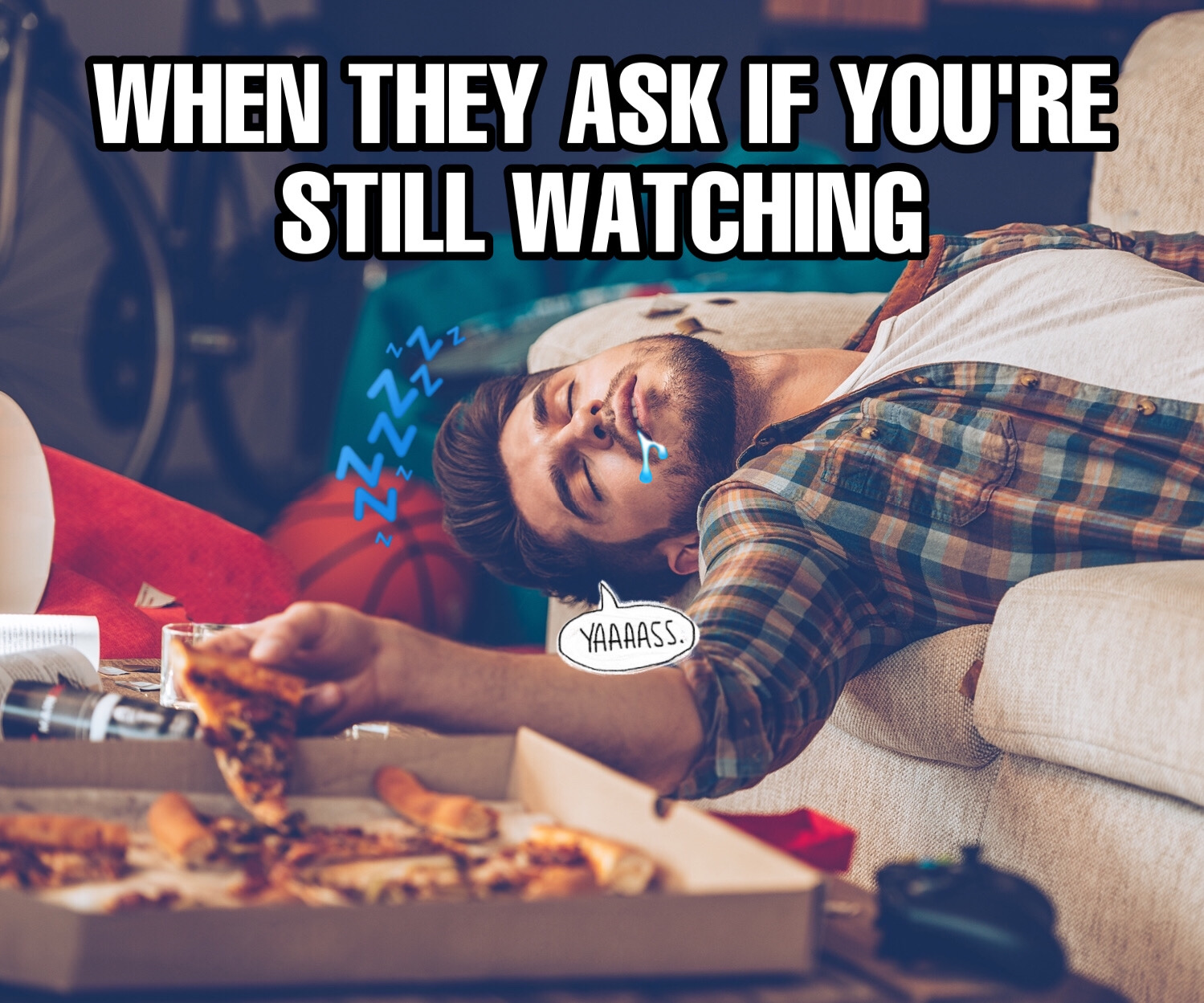 Meme of a guy asleep on the couch eating pizza made with meme maker tool