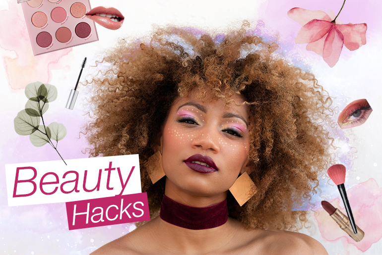 YouTube thumbnail design about beauty hacks with girl with curly hair