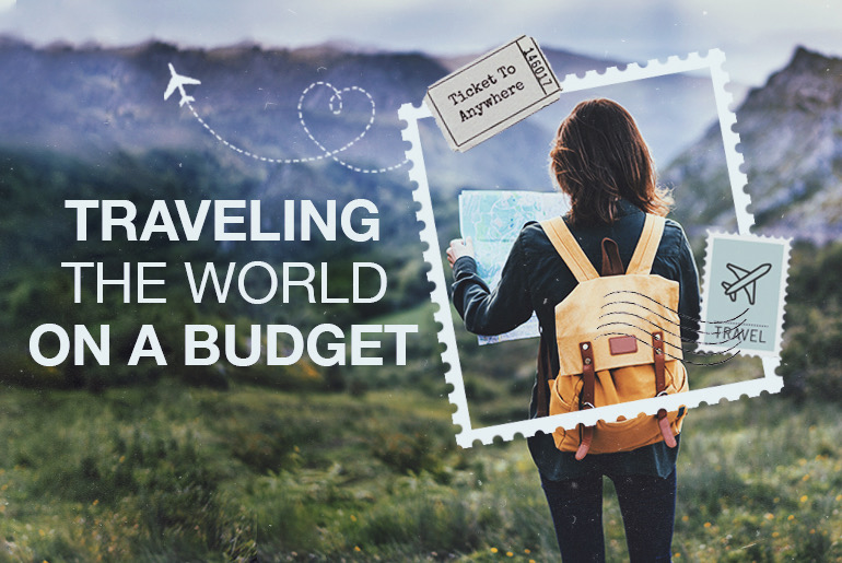 YouTube thumbnail design about traveling with girl with backpack