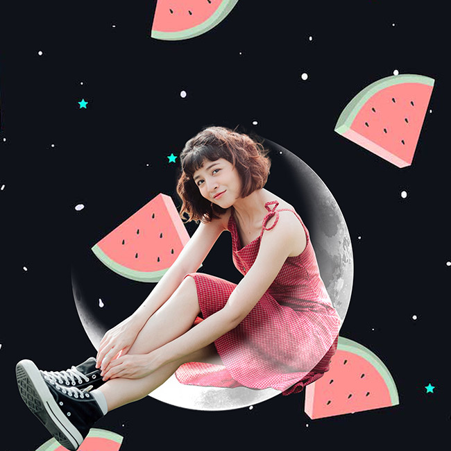 Watermelon background with a girl in a dress made with photo editing app