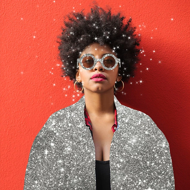 Clothing sticker on a woman made with photo editing app