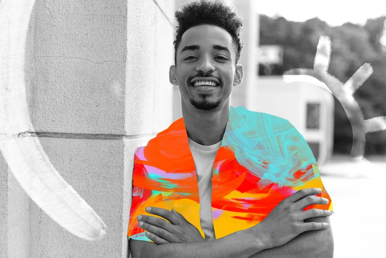 Clothing sticker on a male made with photo editing app