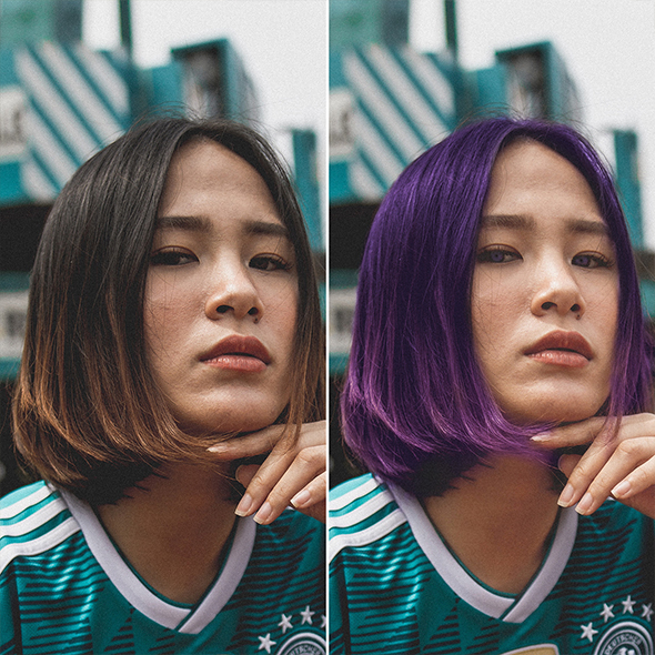 Outil de changement de couleur de cheveux sur les cheveux violets d'une fille asiatique