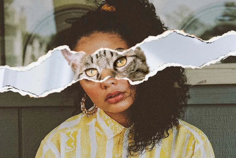 Photo edit with girl with cat face with paper tear