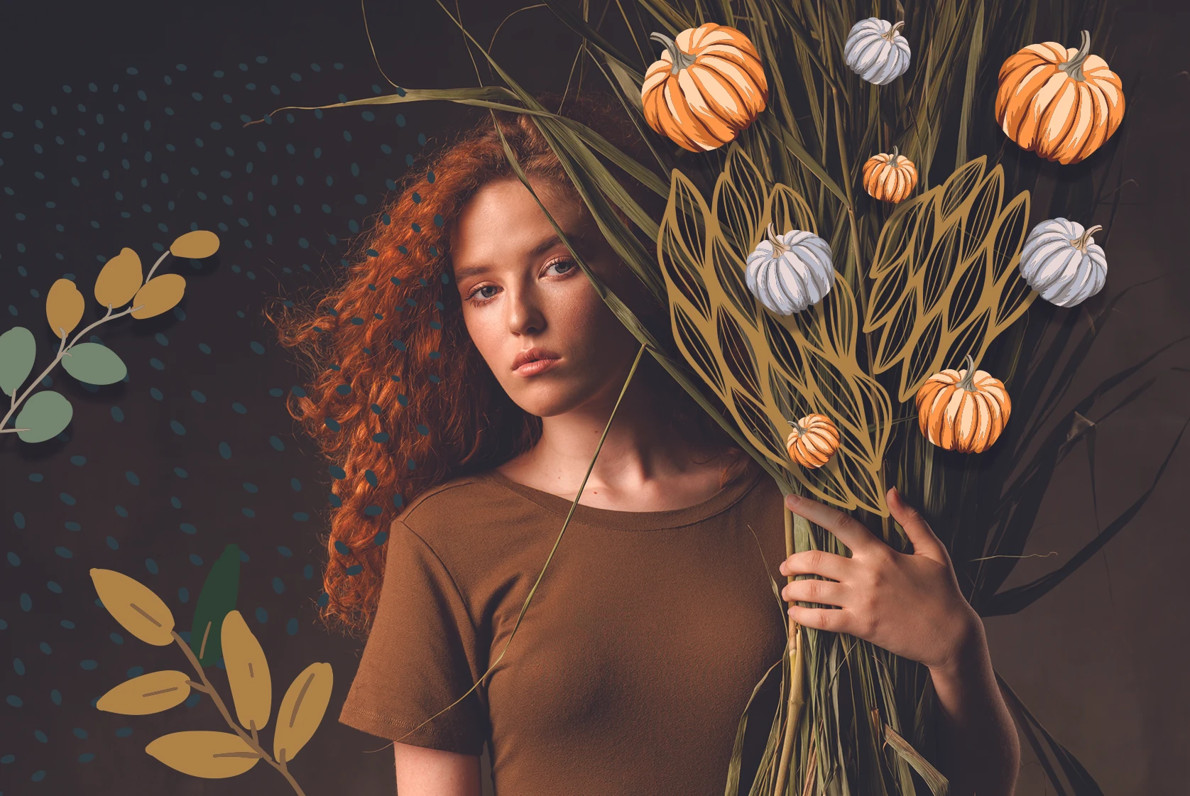 Fall photo with girl and pumpkins