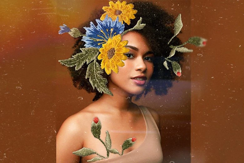 woman with flower stickers made with photo software