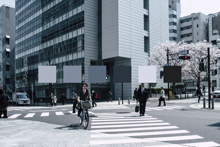 Blue and grey photo of buildings