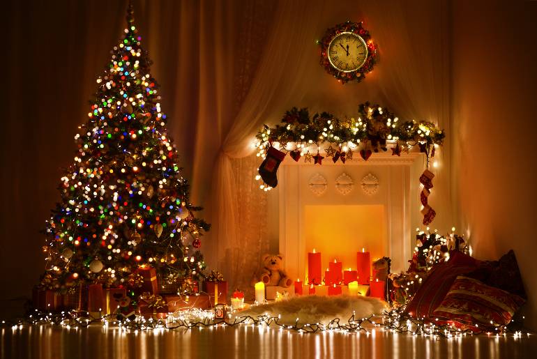 Christmas photography with fireplace and tree and lights