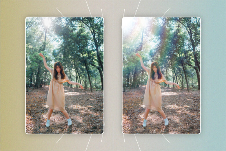 Rainbow effect girl in forest