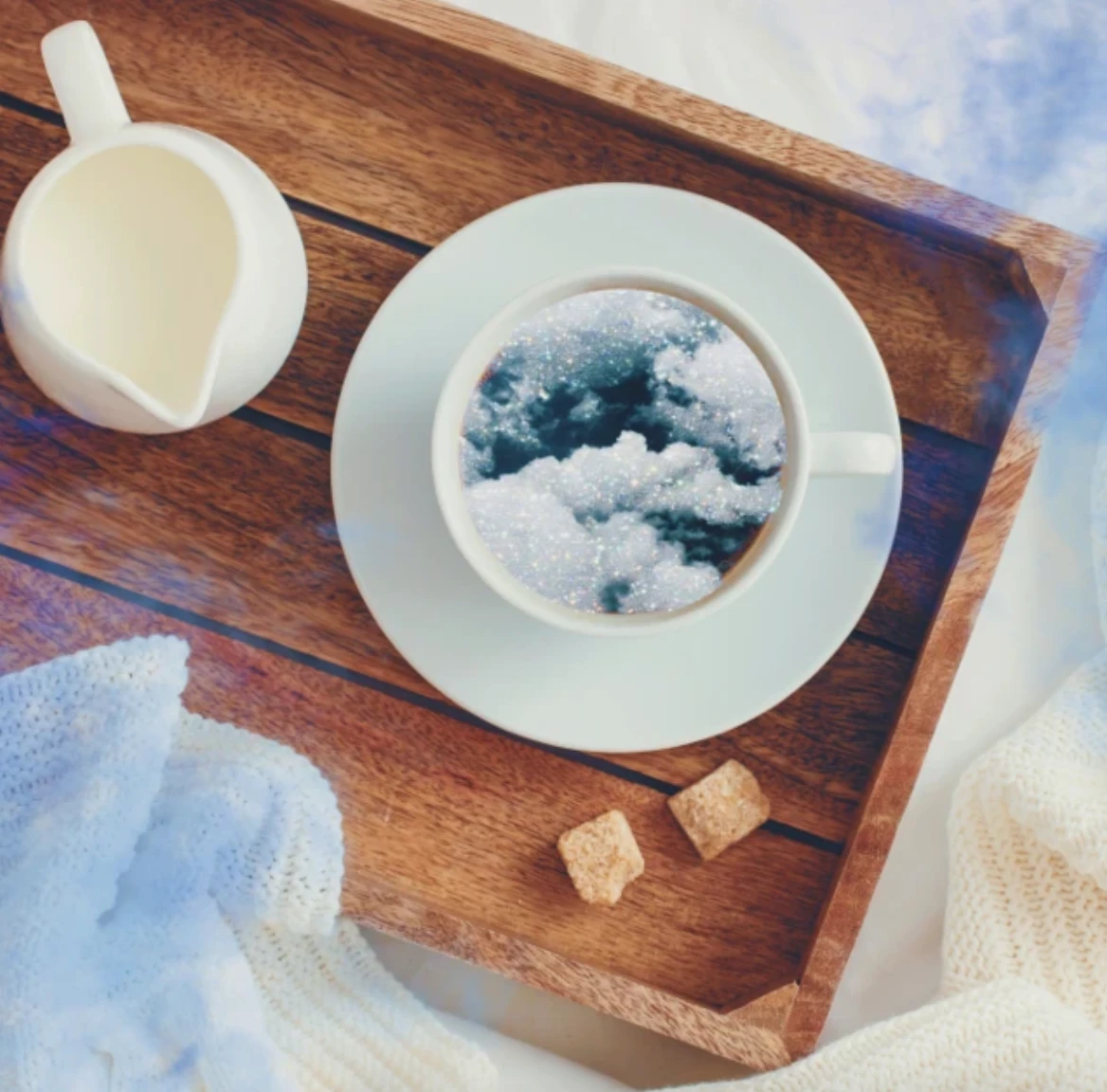 Brown wood tray with coffee
