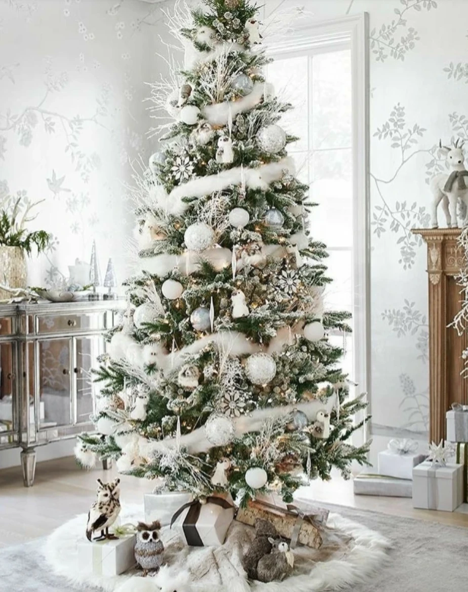 Christmas tree with white ornaments
