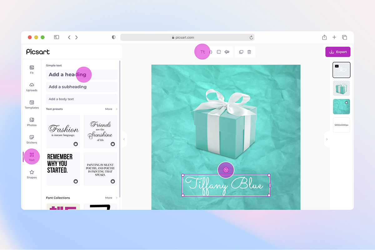 how to add text to a tiffany blue color photo in picsart web editor
