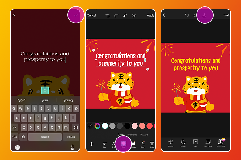 adding text to a lunar new year greeting card design in picsart