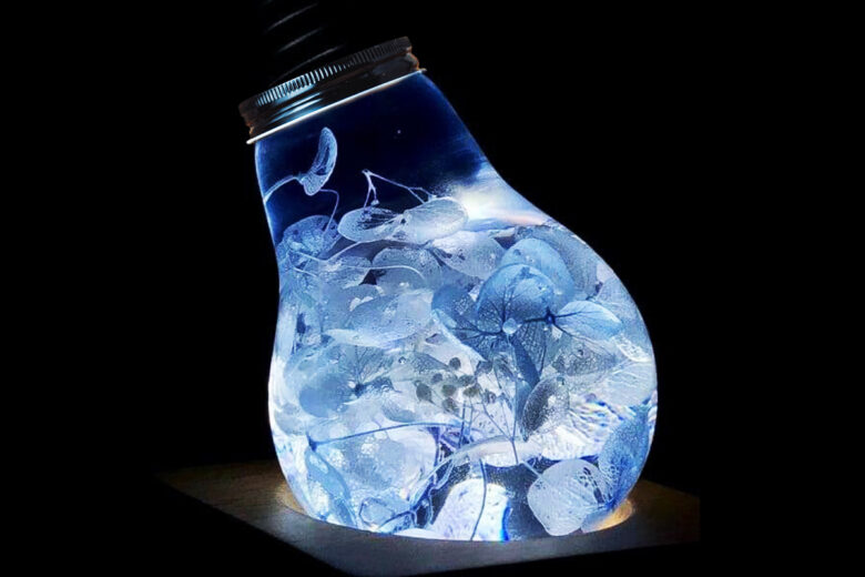 blue lightbulb on a black background