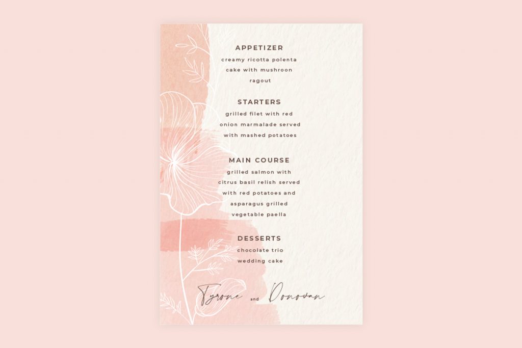 DIY wedding menu