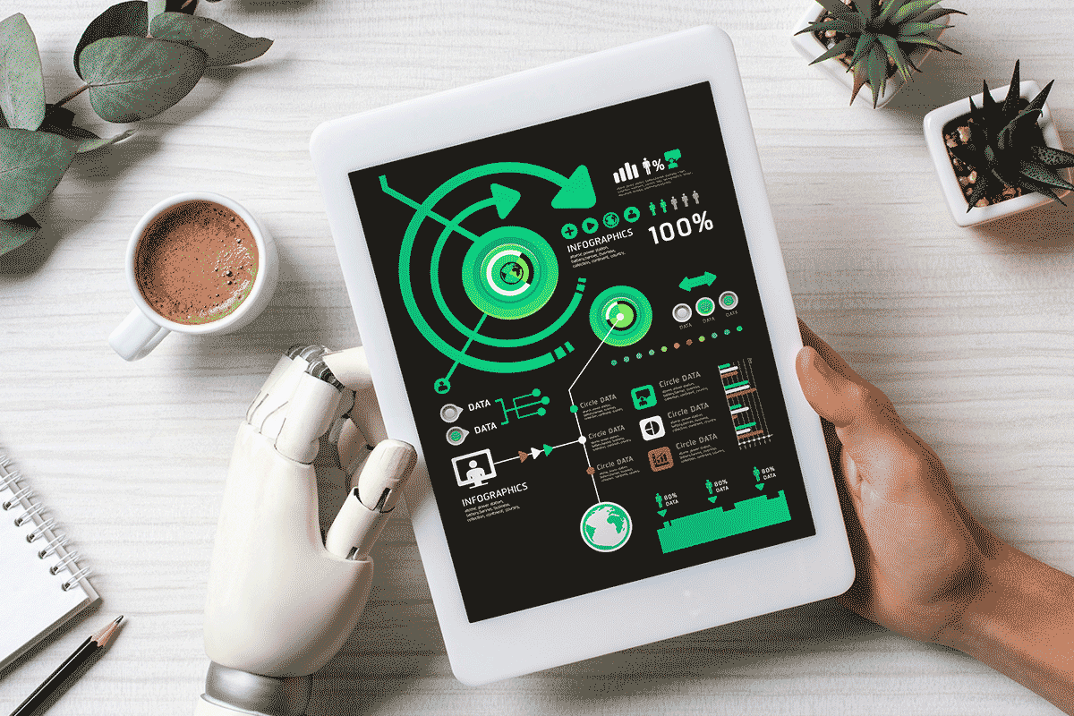 example of a black and green infographic being viewed on a tablet