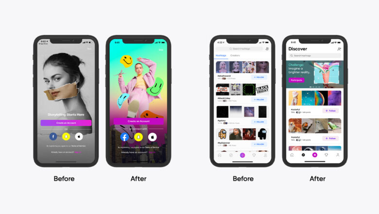 app display showing UX before and after picsart rebrand