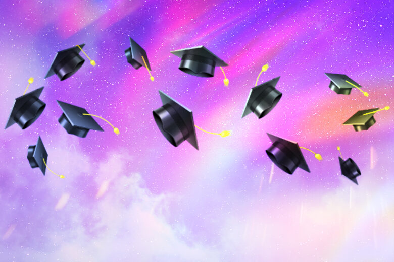 graduation hats on a lisa frank inspired zoom background