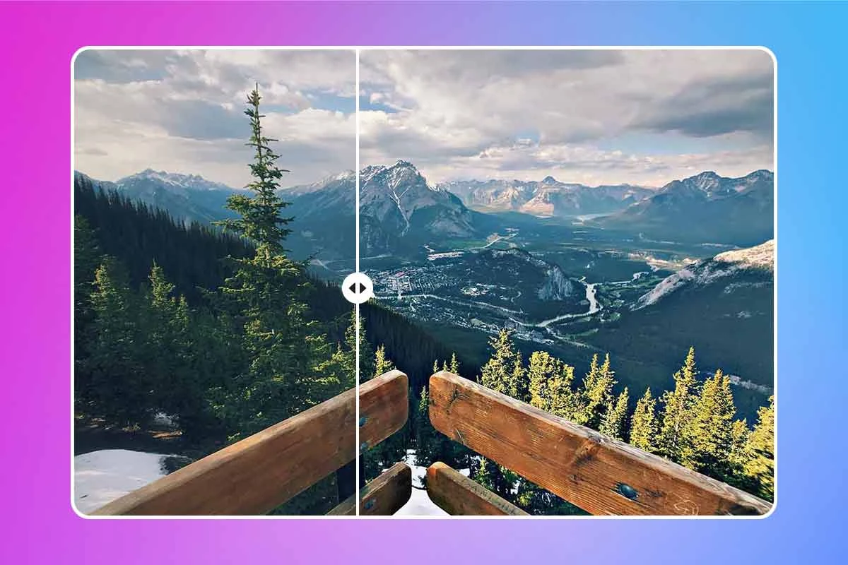 before and after of an HDR photo of a mountain vista