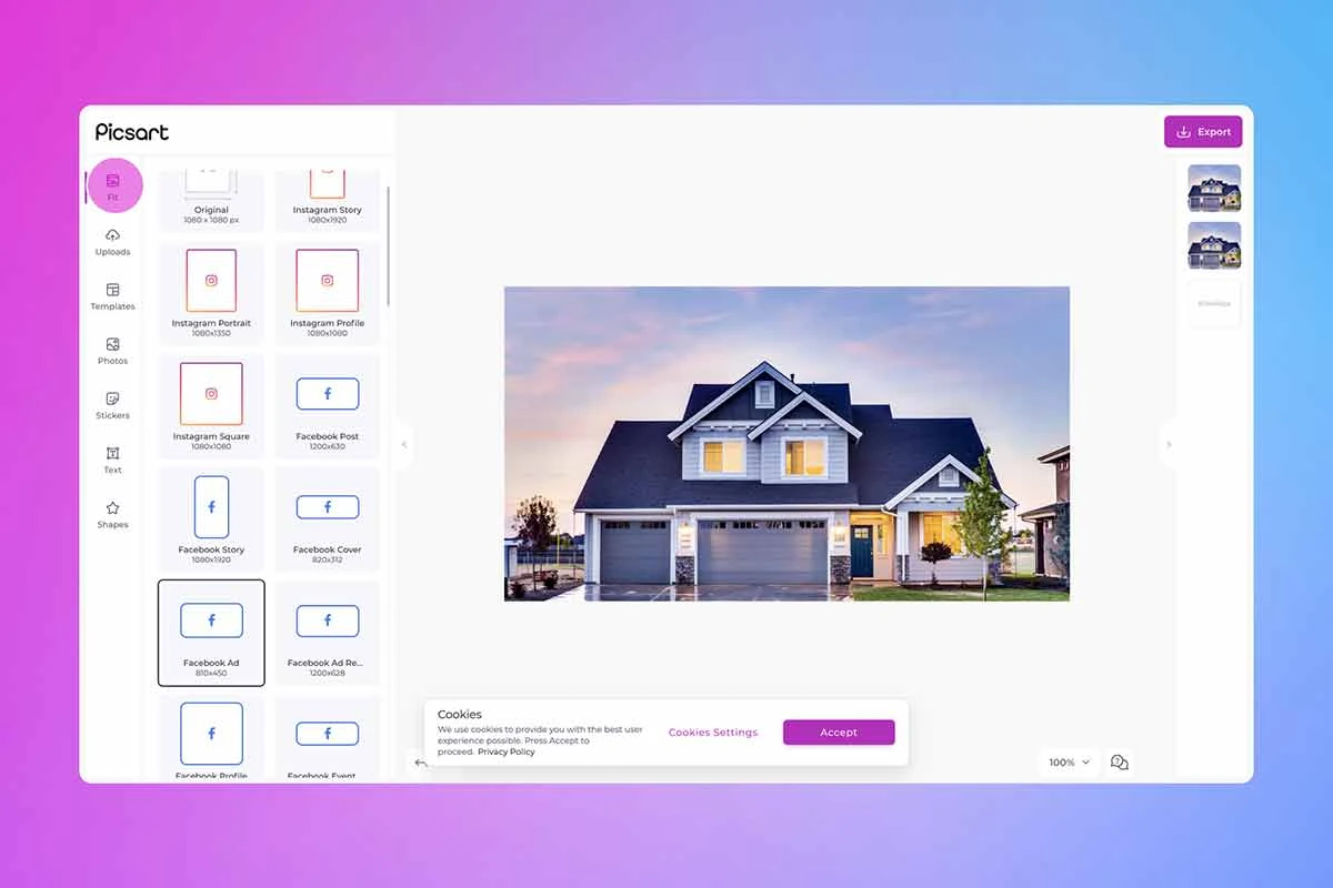 how to resize an image for a facebook ad in picsart web tools