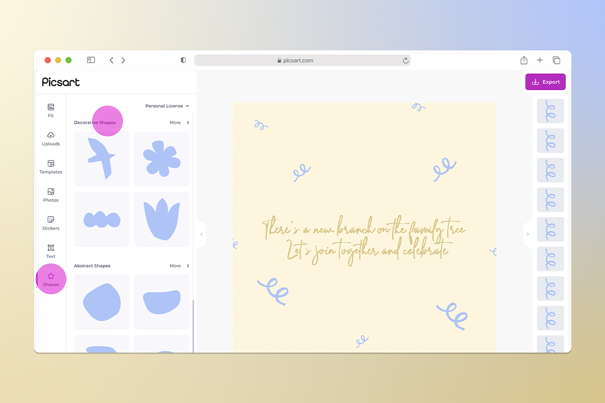 how to add shapes to a party invitation in picsart