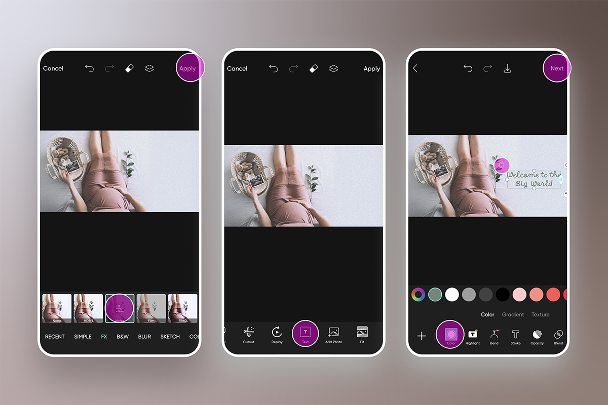 step by step tutorial to edit a maternity photo announcement in picsart mobile app