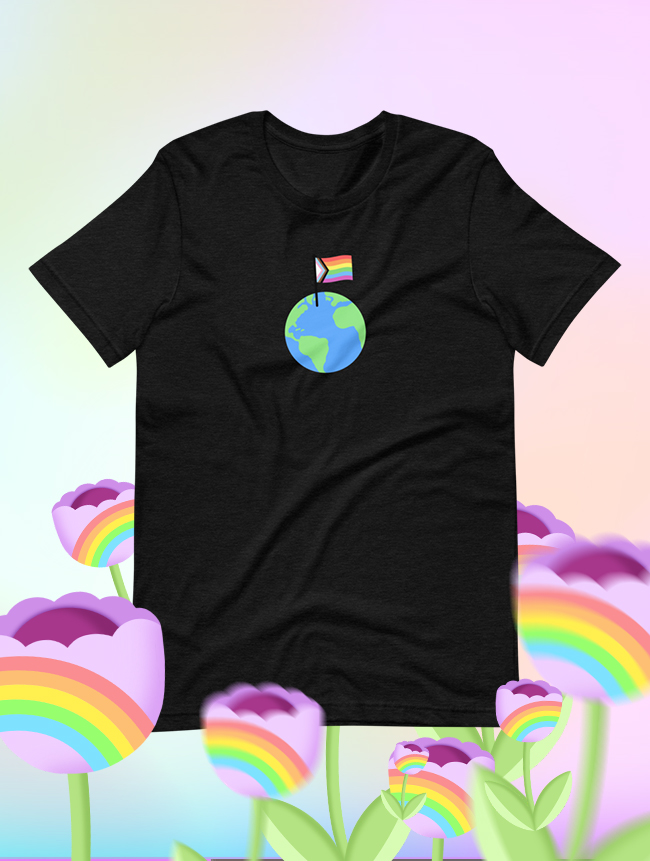 picsart x megemikoart merchandise design black tshirt with rainbow flag and planet