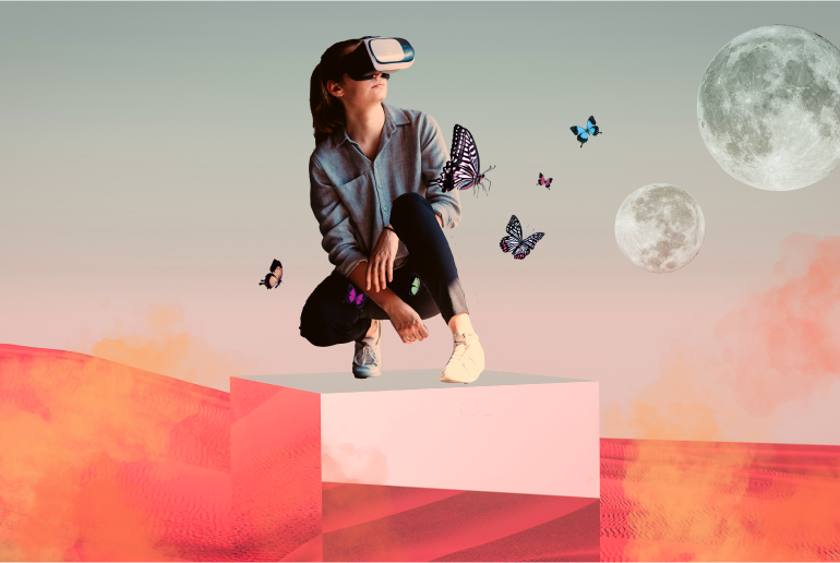 woman wearing vr headset seeing butterflies and the moon