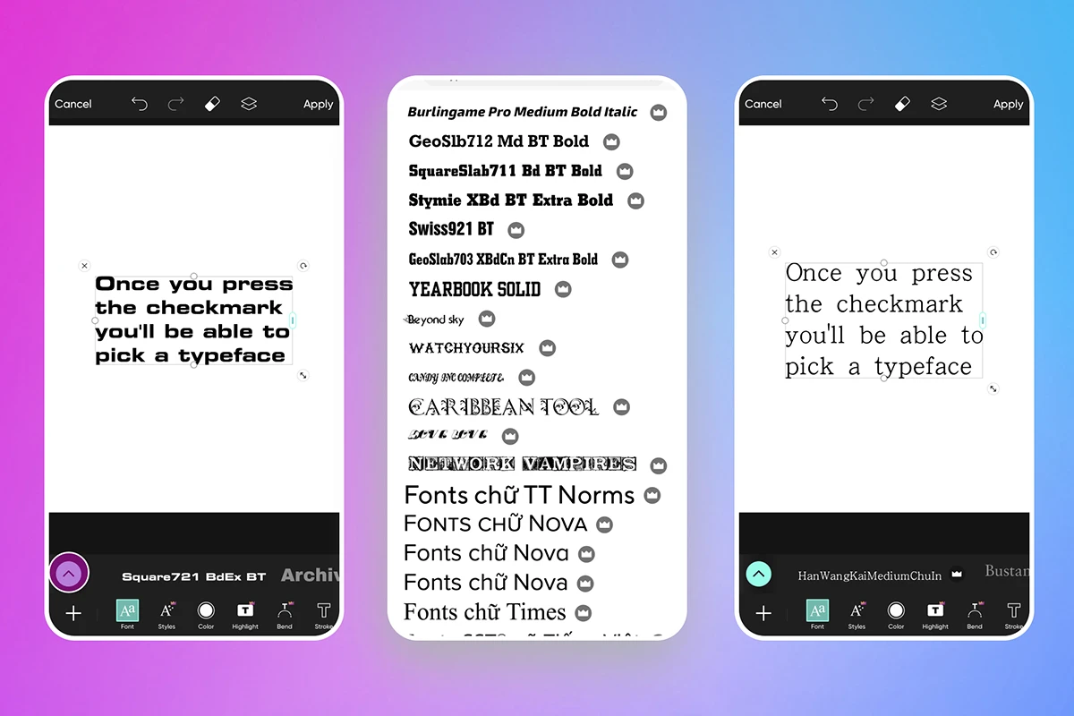 how to change fonts in picsart app