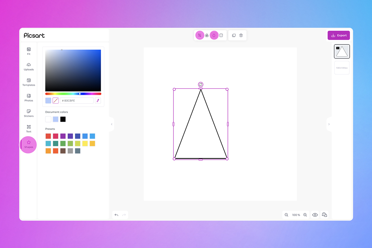 drawing a triangle shape in picsart web