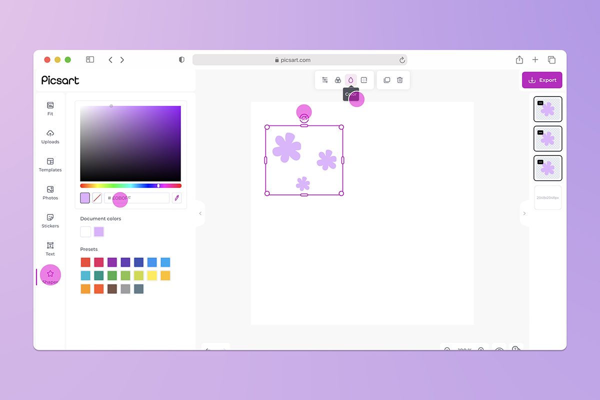how to change the color of a shape in picsart web editor