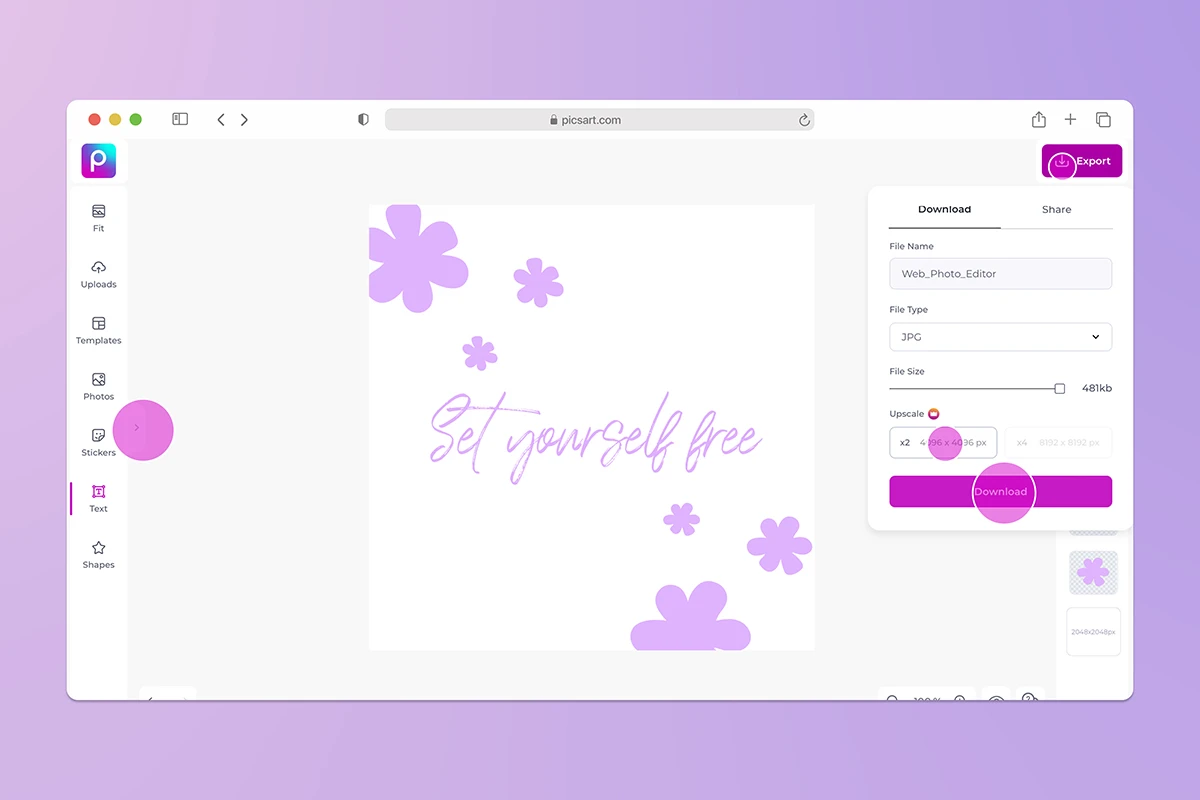 how to save and export an image in picsart web