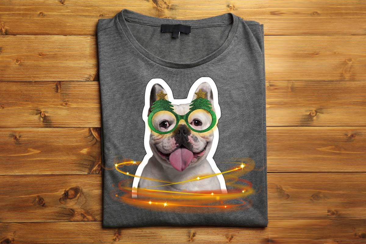 french bulldog wearing glasses on a custom printed t-shirt