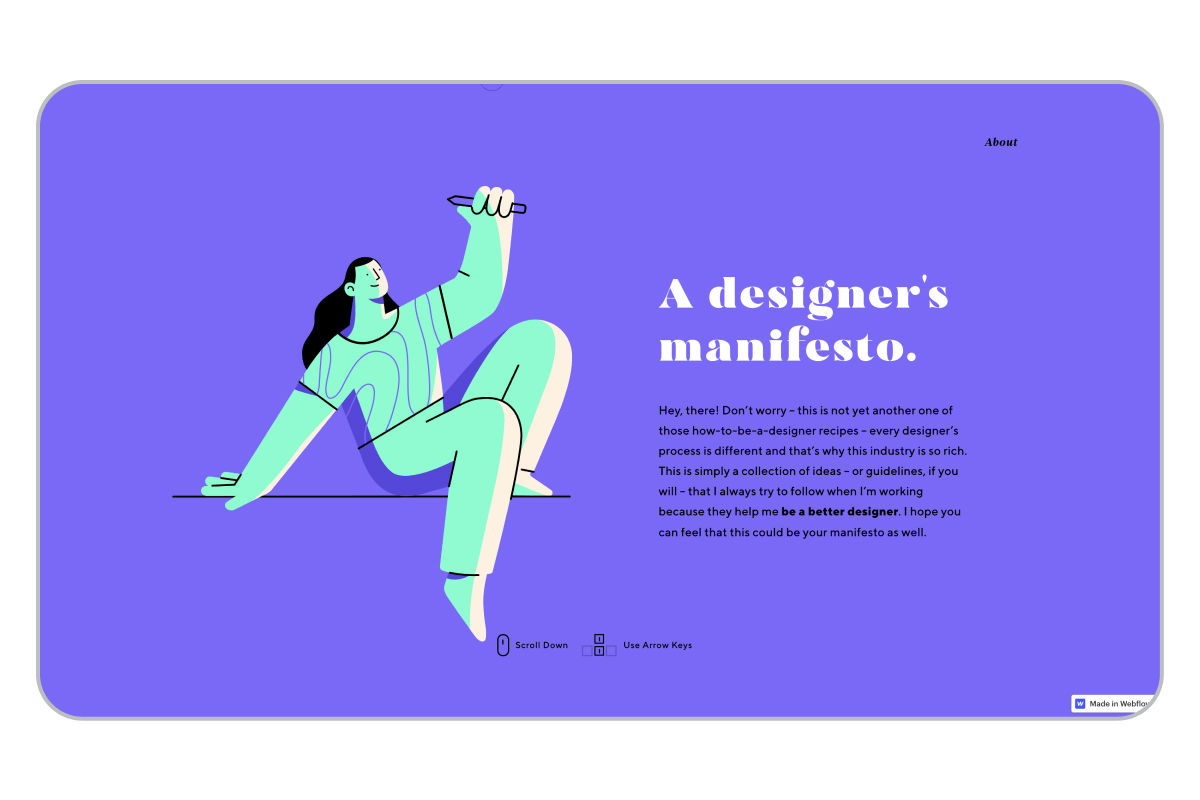 purple website with a designer manifesto on it