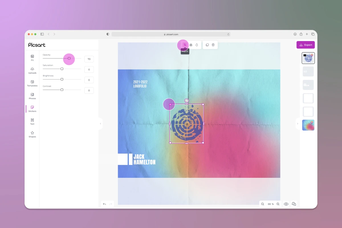 how to adjust opacity on a sticker in picsart web