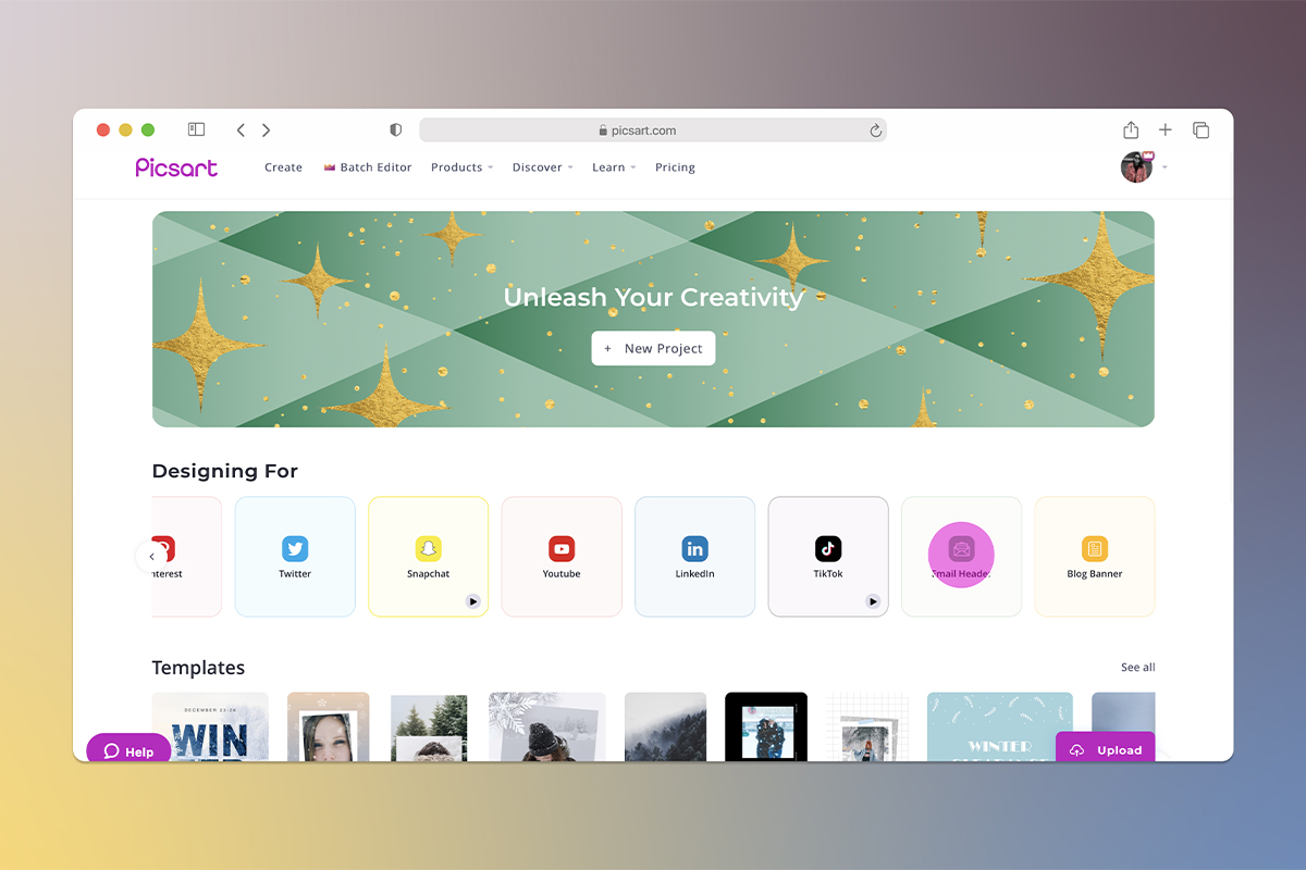 starting a new email header design project in picsart web